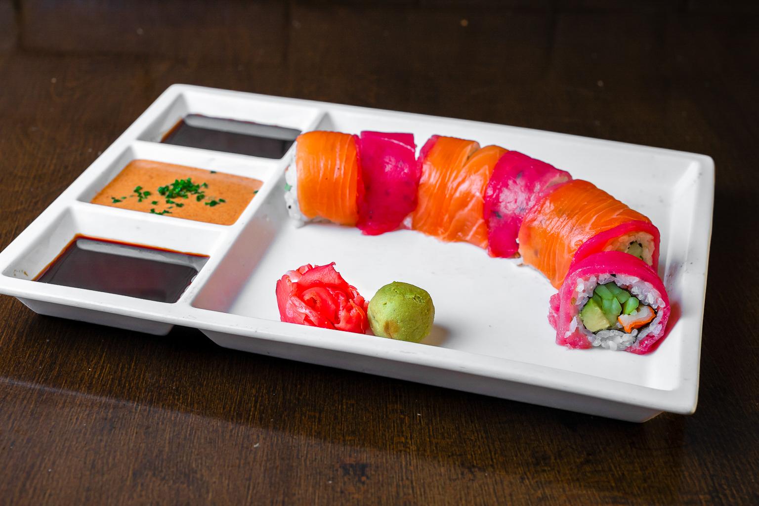 Rainbow roll — salmon, tuna, and avocado at the Tiberias sushi bar